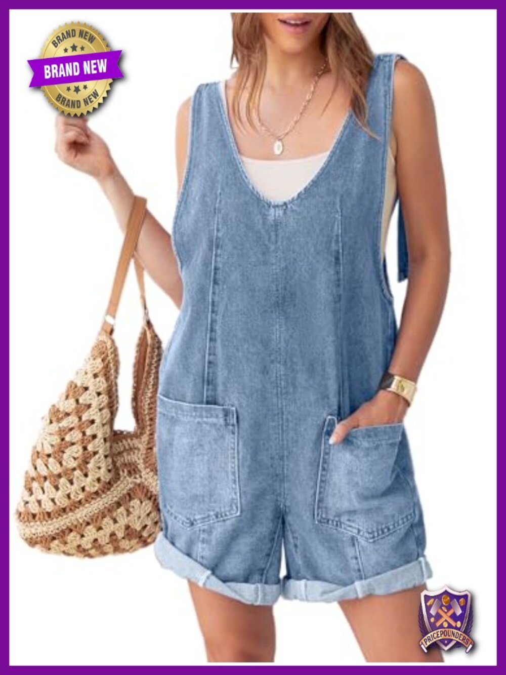 Womens Denim Romper Sleeveless V Neck Short Overalls Summer Casual Jumpsuit